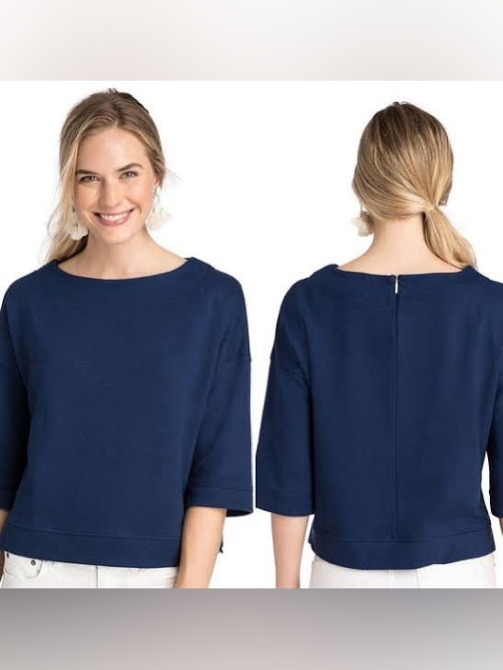 Vineyard Vines Blue Cropped Elbow Sleeve Pique Popover Top Size Small